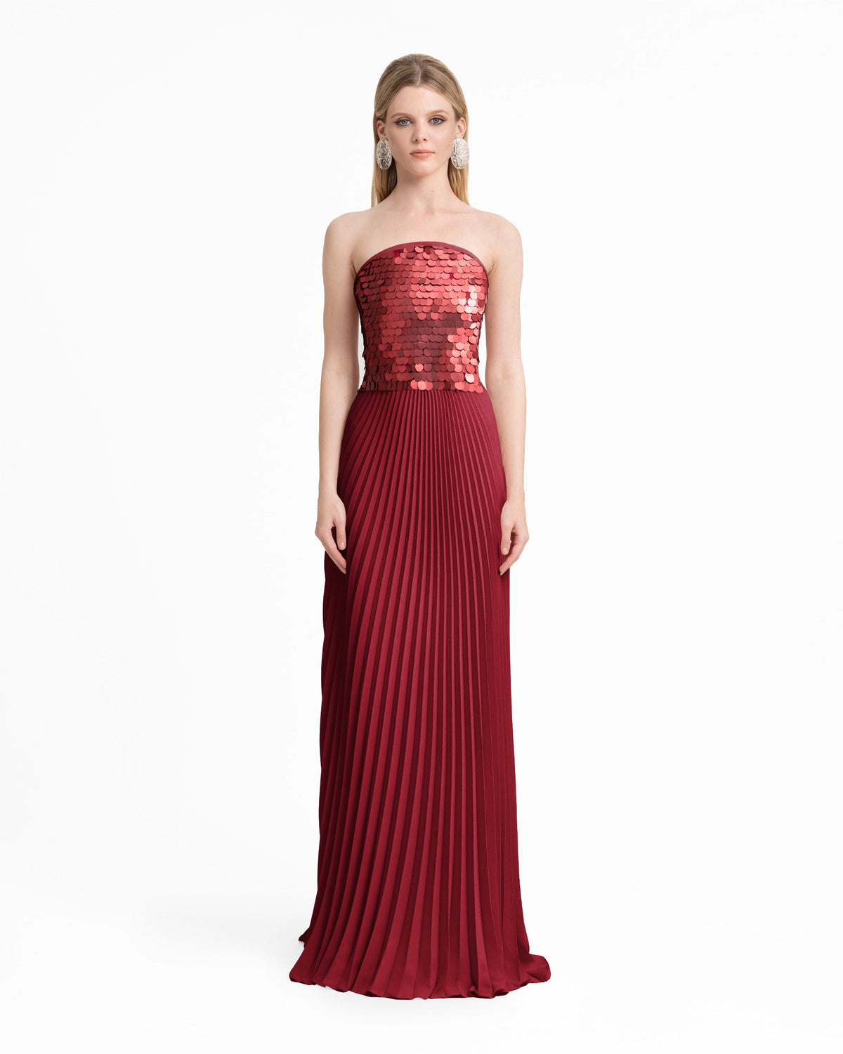 Strapless Sequin Bodice Dress with Plissé Skirt