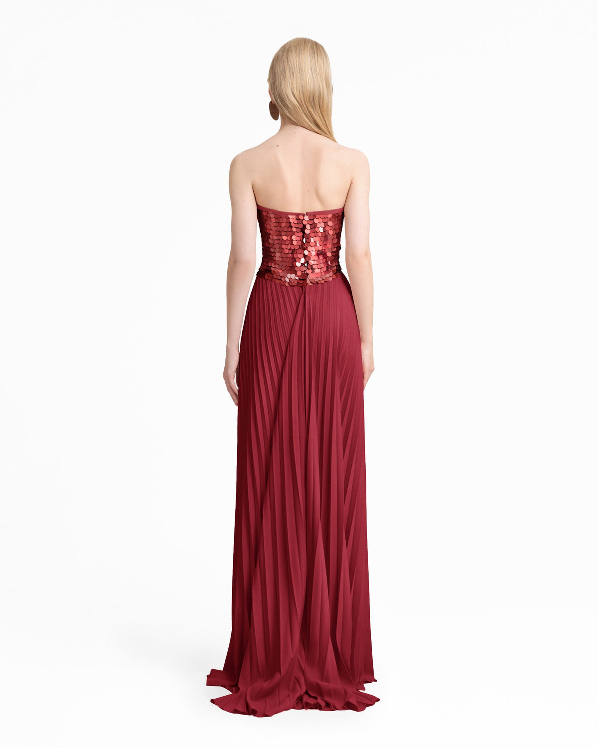 Strapless Sequin Bodice Dress with Plissé Skirt