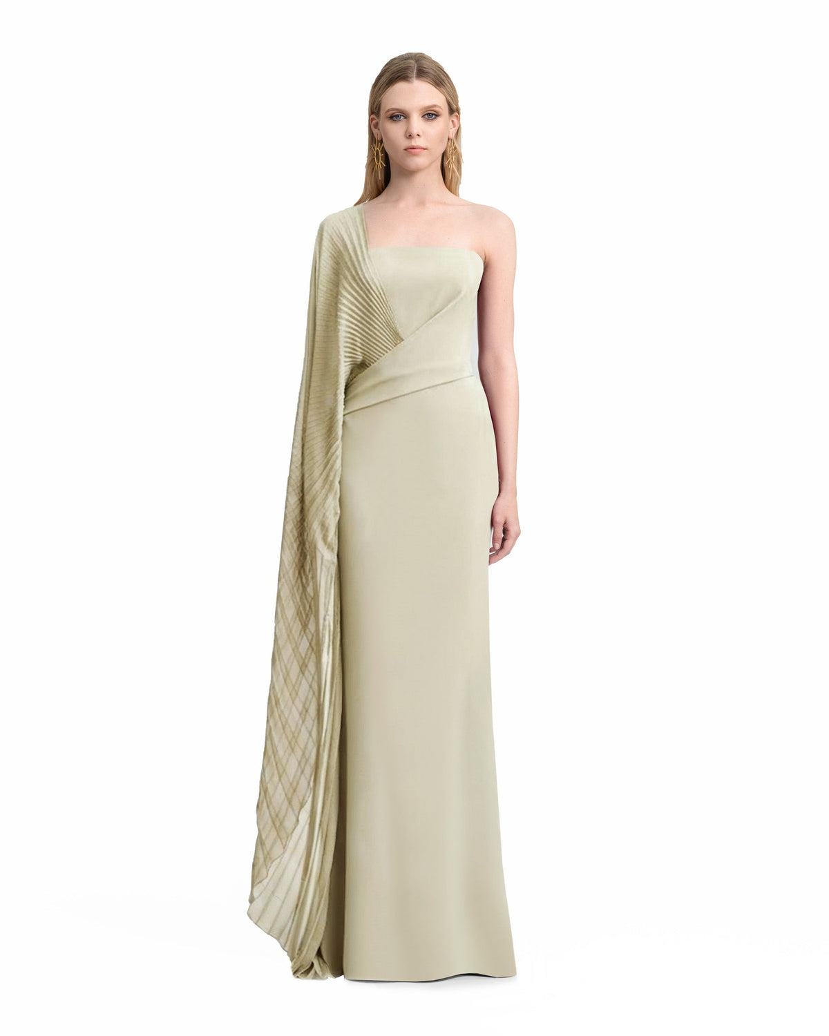 Asymmetrical Draped Dress with See-Through Sleeve