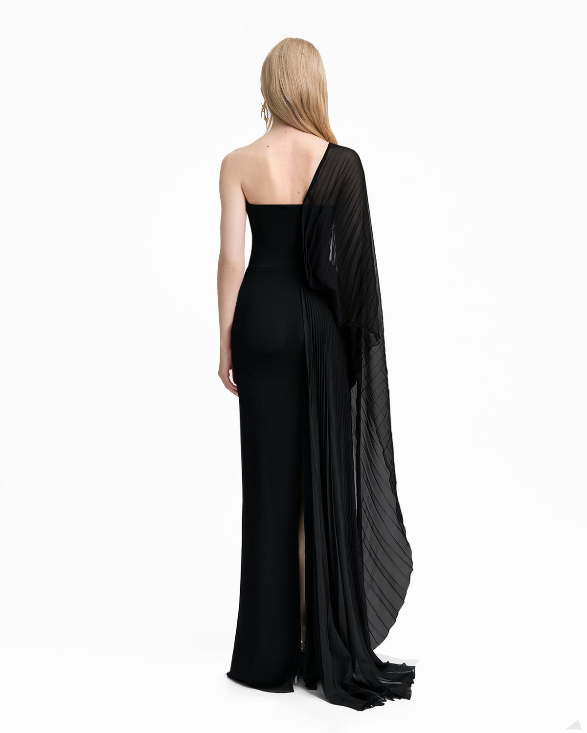 Asymmetrical Draped Dress with See-Through Sleeve