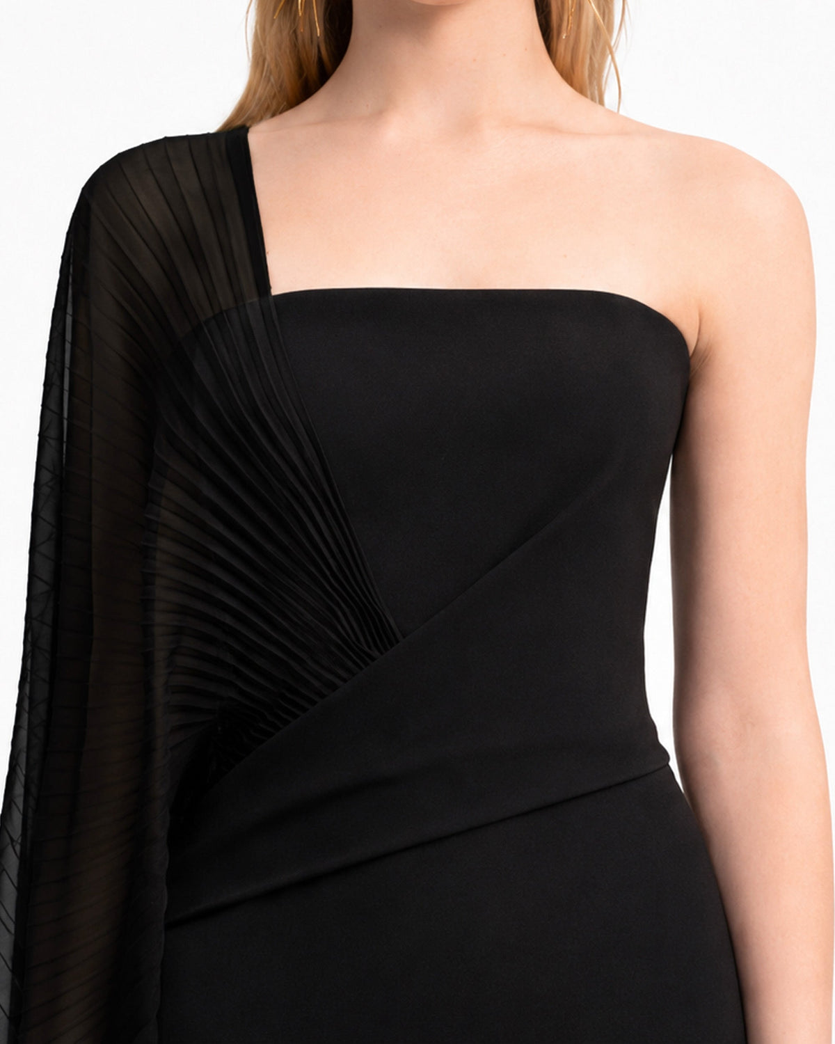 Asymmetrical Draped Dress with See-Through Sleeve