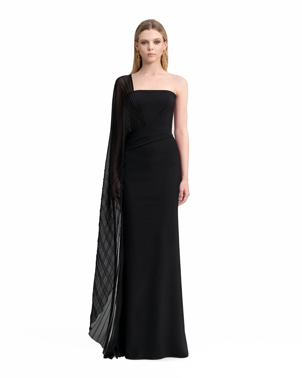 Asymmetrical Draped Dress with See-Through Sleeve