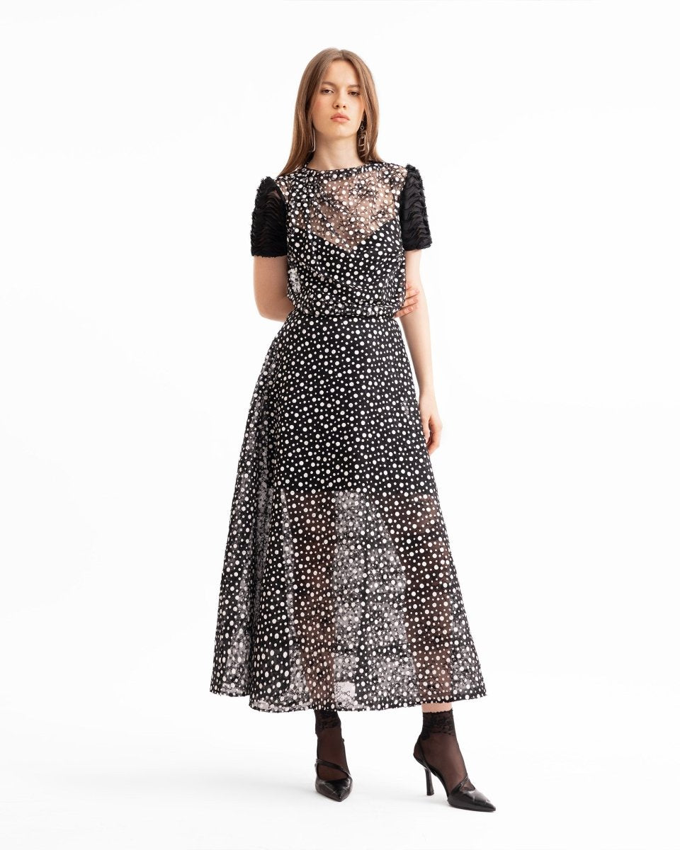 Polka Dot Draped Top & Midi Skirt Set