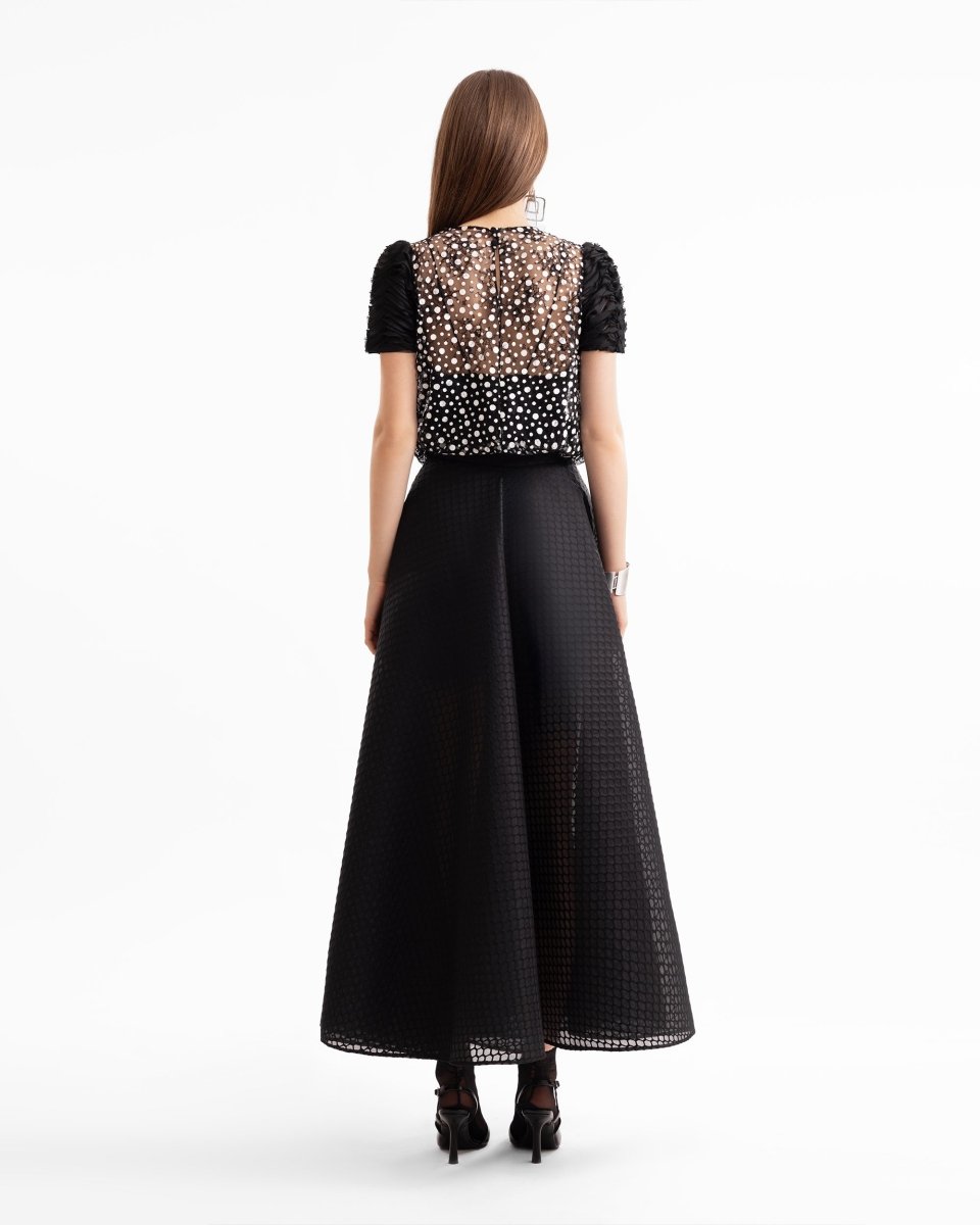Polka Dot Draped Top & Textured Flared Skirt