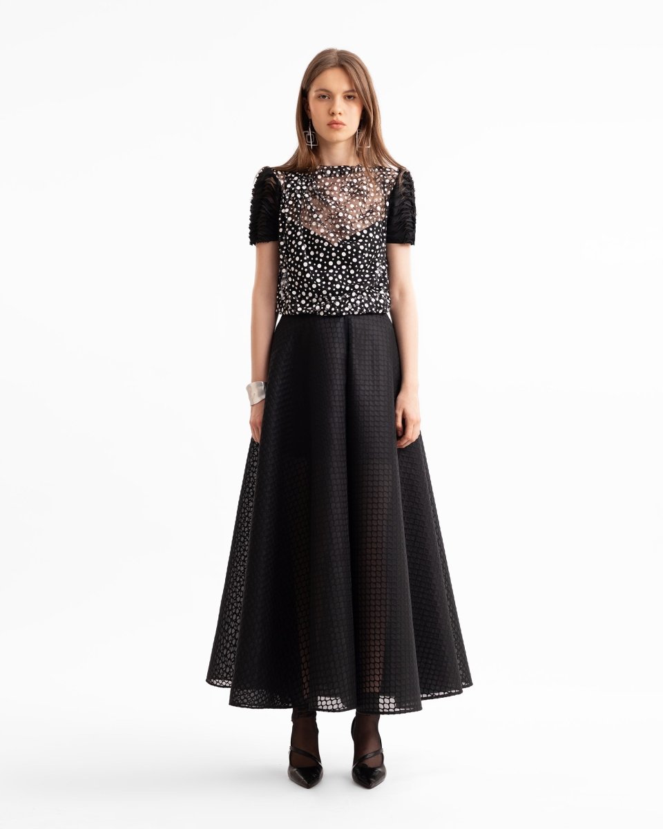 Polka Dot Draped Top & Textured Flared Skirt