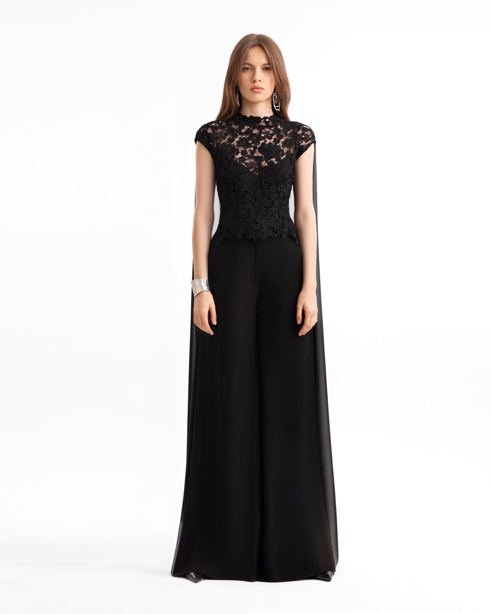 Floral Guipure Top with Cape & Wide-Leg Pants