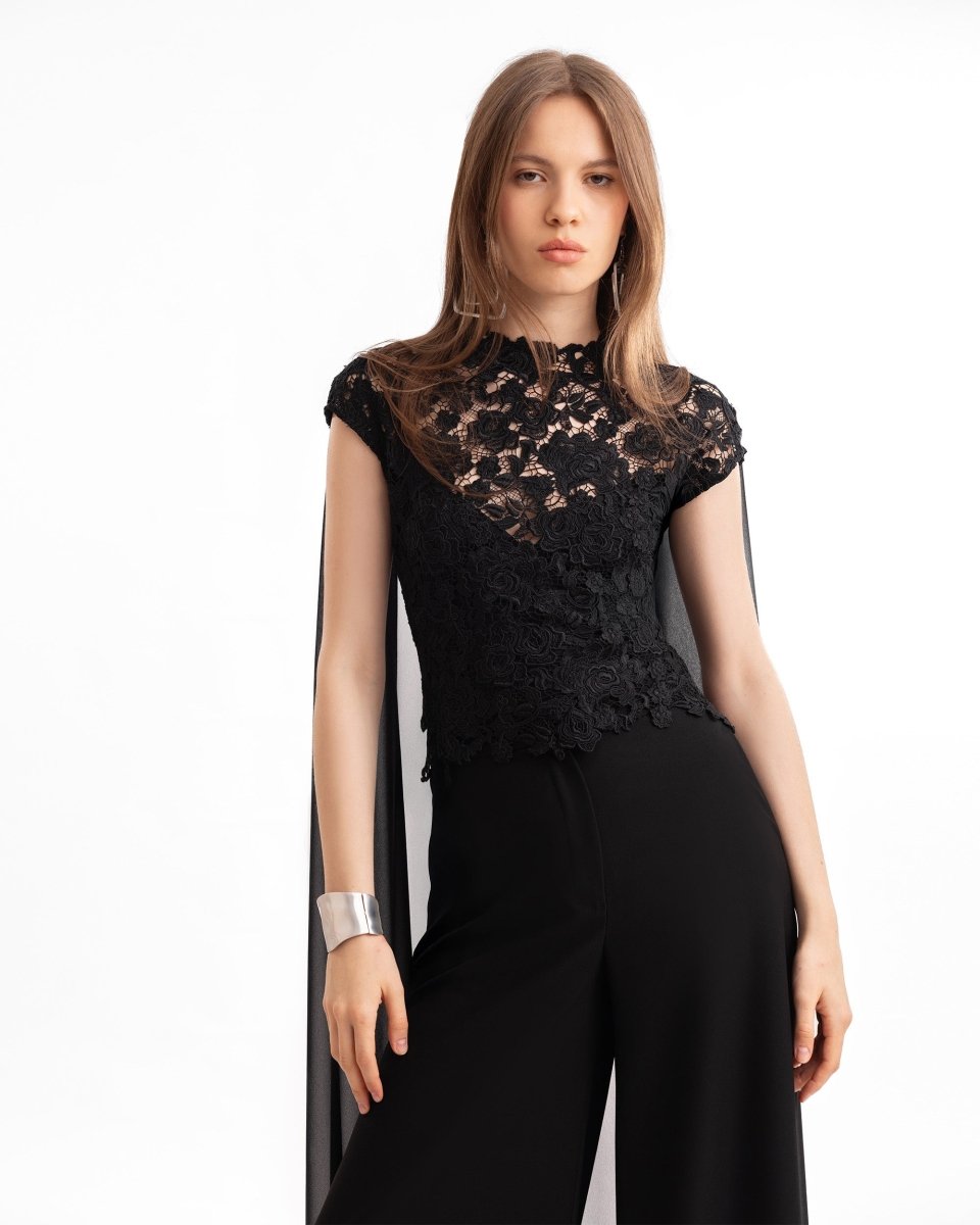 Floral Guipure Top with Cape & Wide-Leg Pants