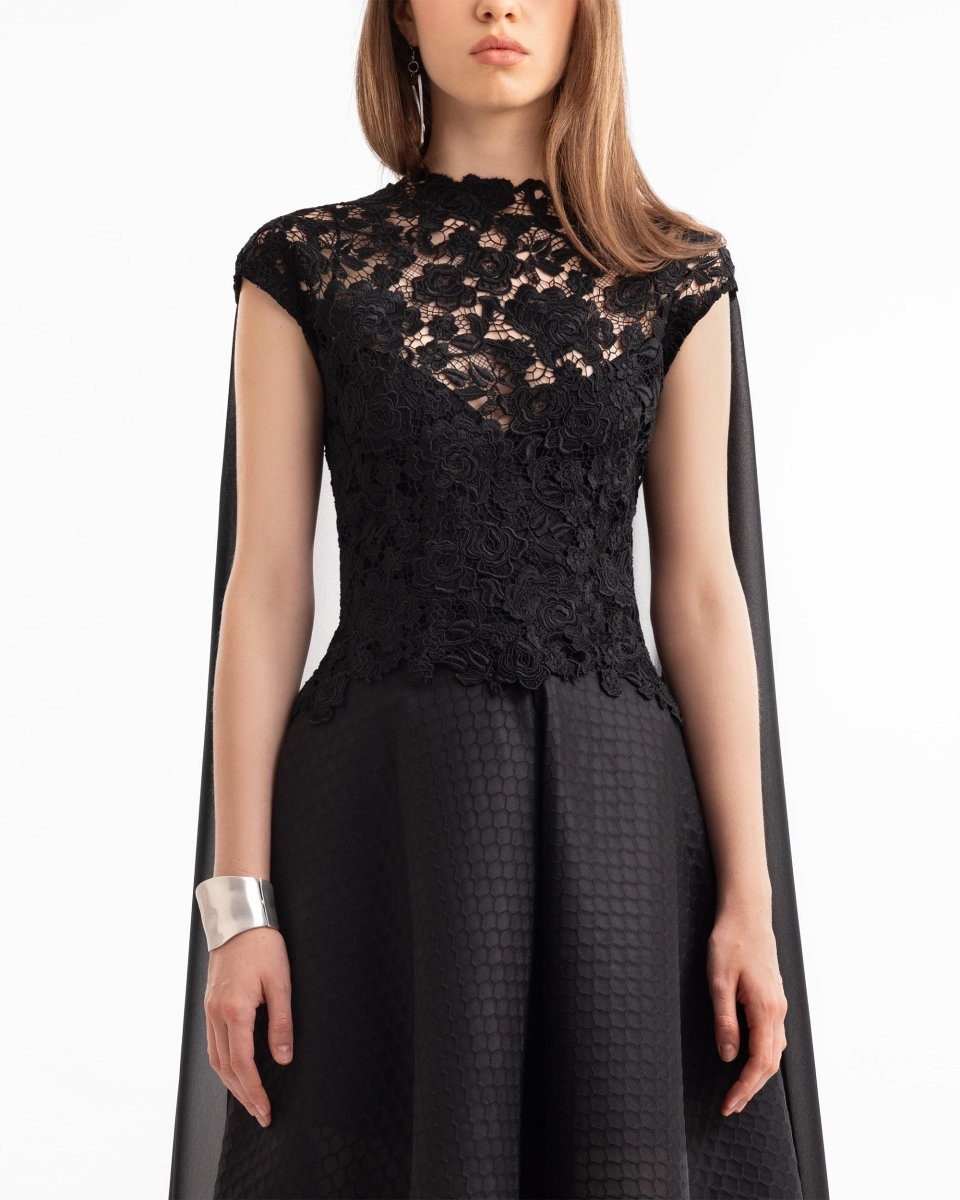 Floral Guipure Top with Cape & Textured Skirt