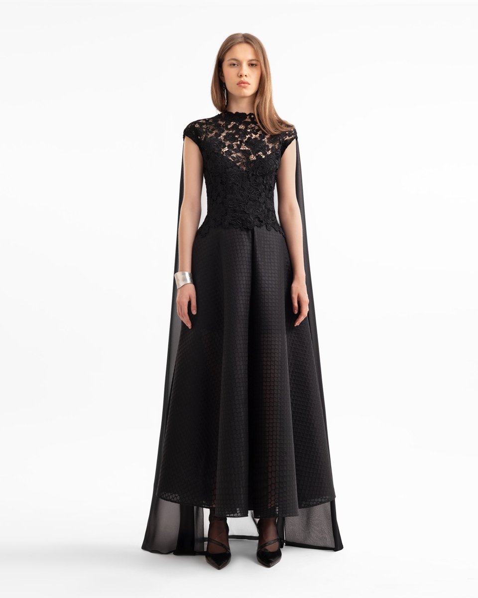 Floral Guipure Top with Cape & Textured Skirt