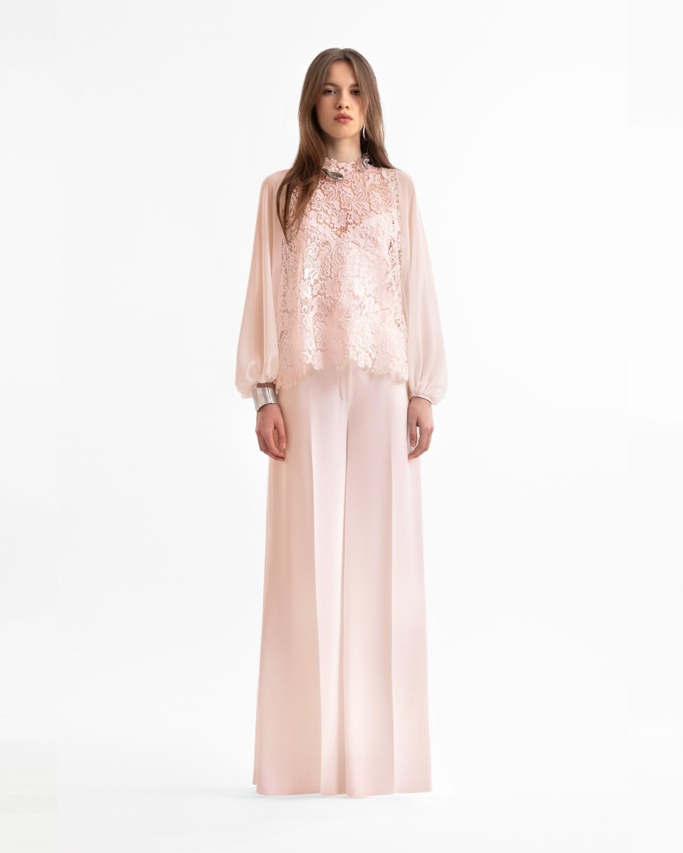 Guipure Top & Wide-Leg Pants Set