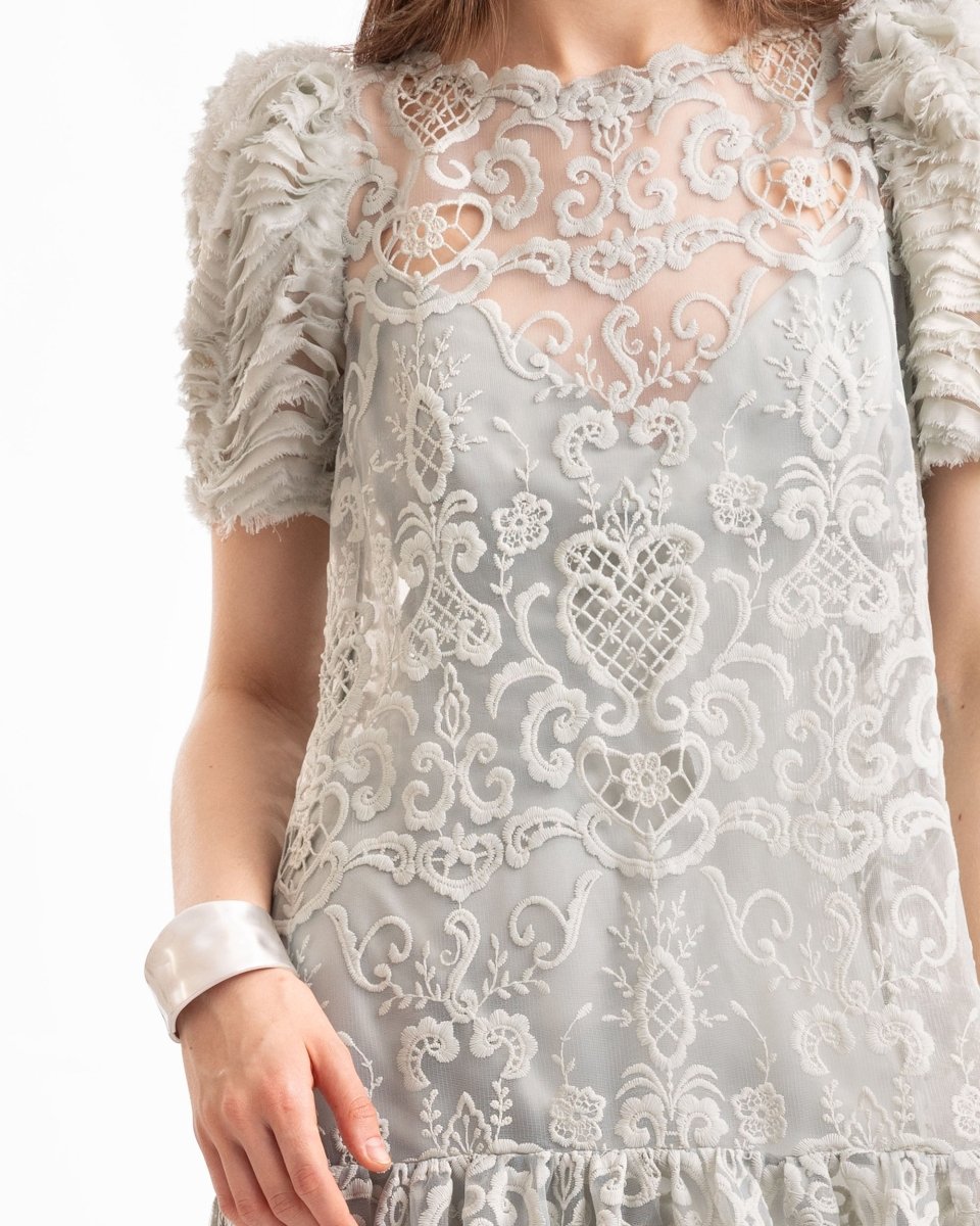 Embroidered High-Low Dress with Ruched Sleeves