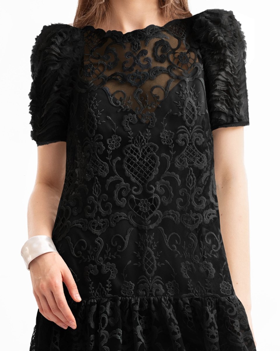 Embroidered High-Low Dress with Ruched Sleeves