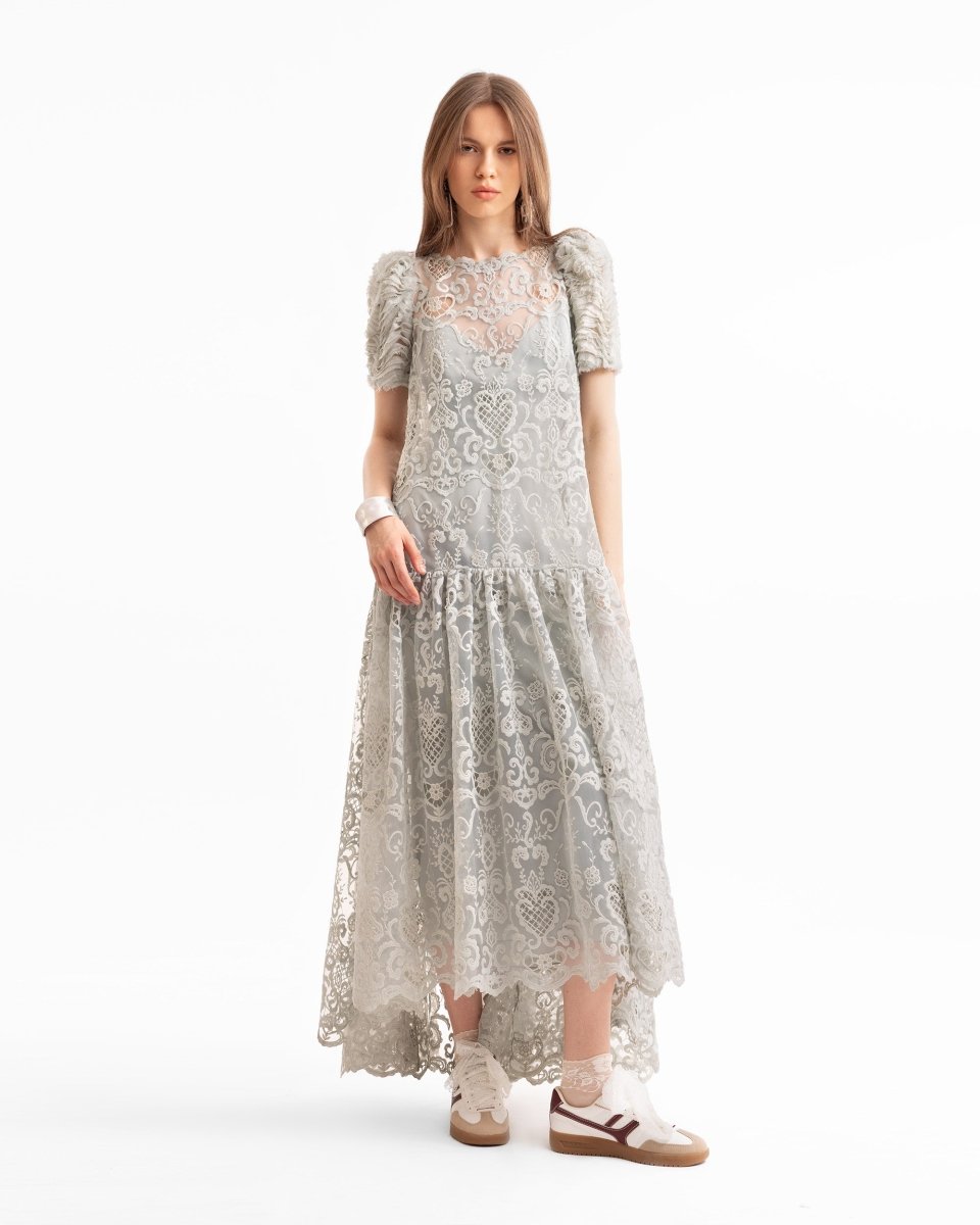 Embroidered High-Low Dress with Ruched Sleeves