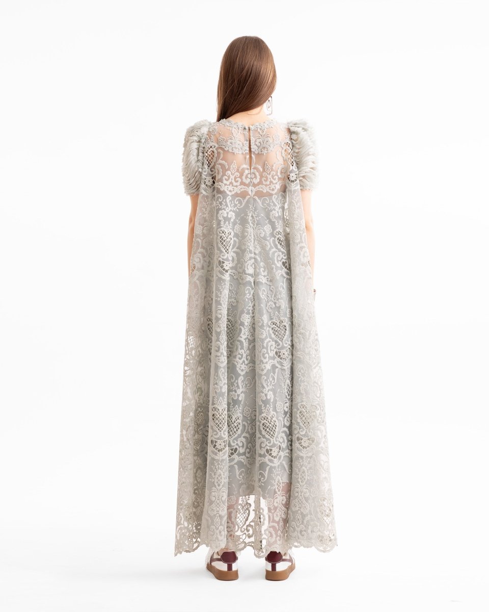Embroidered High-Low Dress with Ruched Sleeves