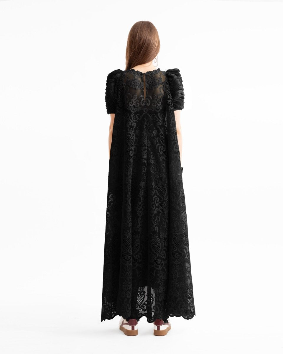 Embroidered High-Low Dress with Ruched Sleeves
