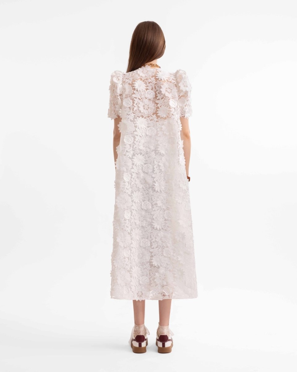 3D Floral Puff Shoulder Dress