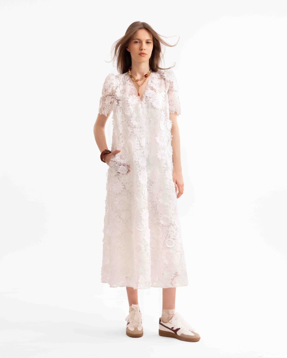 3D Floral Puff Shoulder Dress