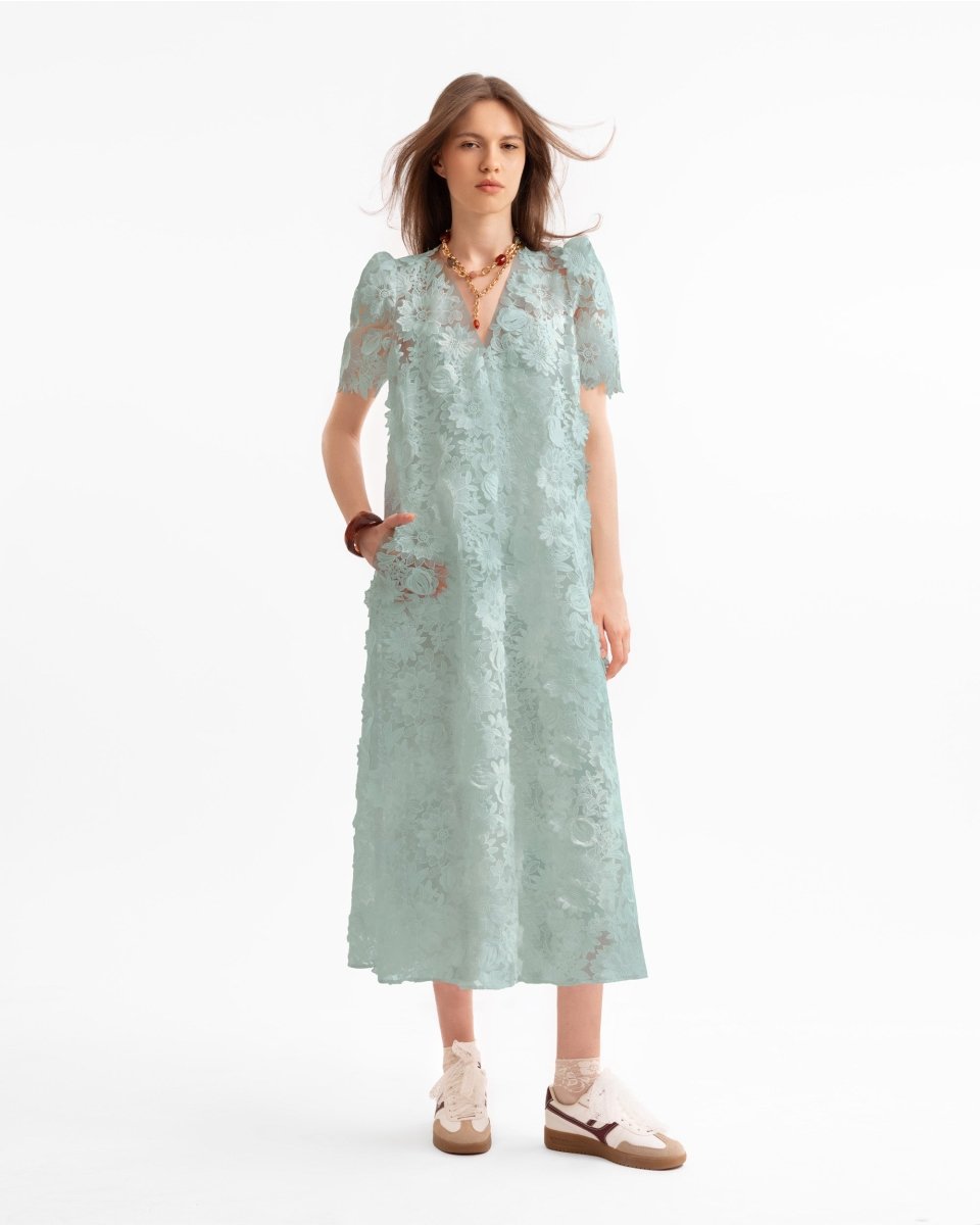 3D Floral Puff Shoulder Dress