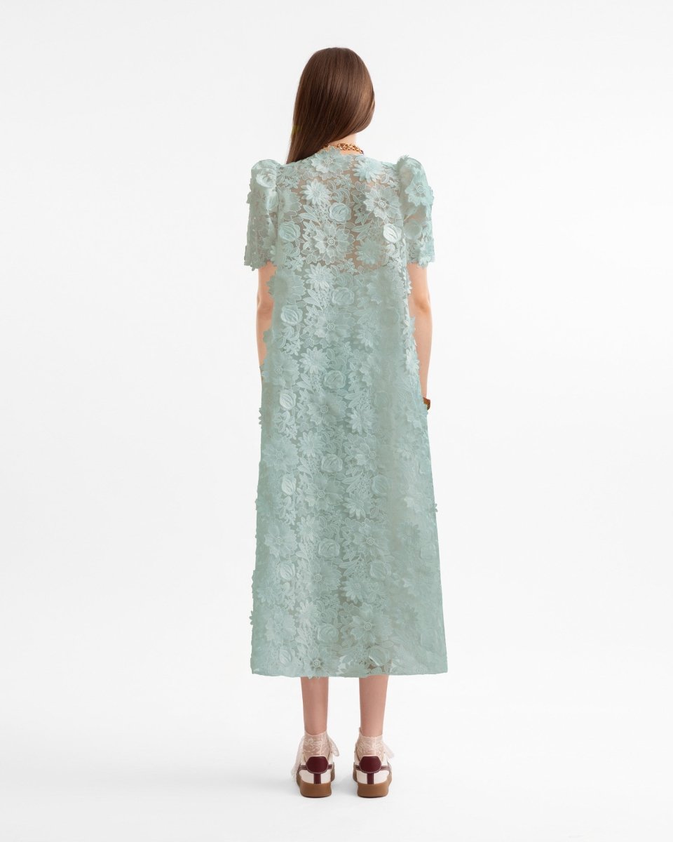 3D Floral Puff Shoulder Dress