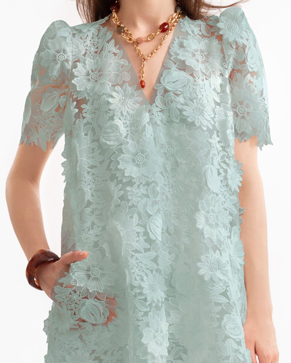 3D Floral Puff Shoulder Dress