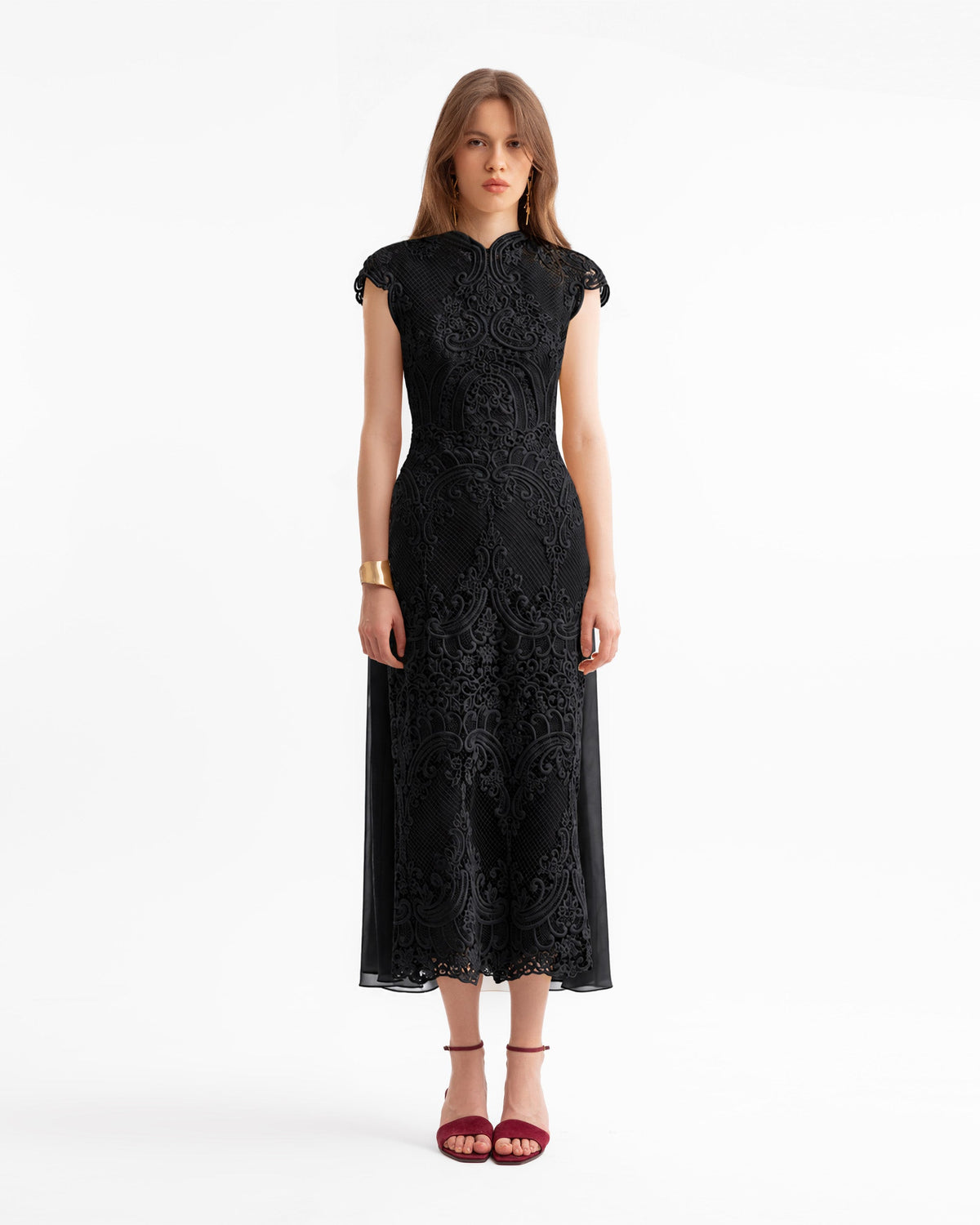 Guipure Midi Dress with Cape Overlay