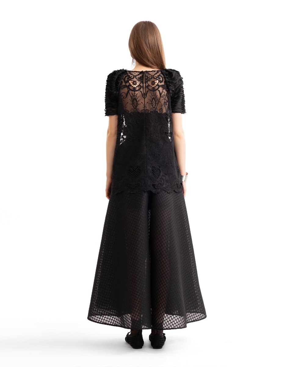 Embroidered Lace Top with Textured Flared Skirt