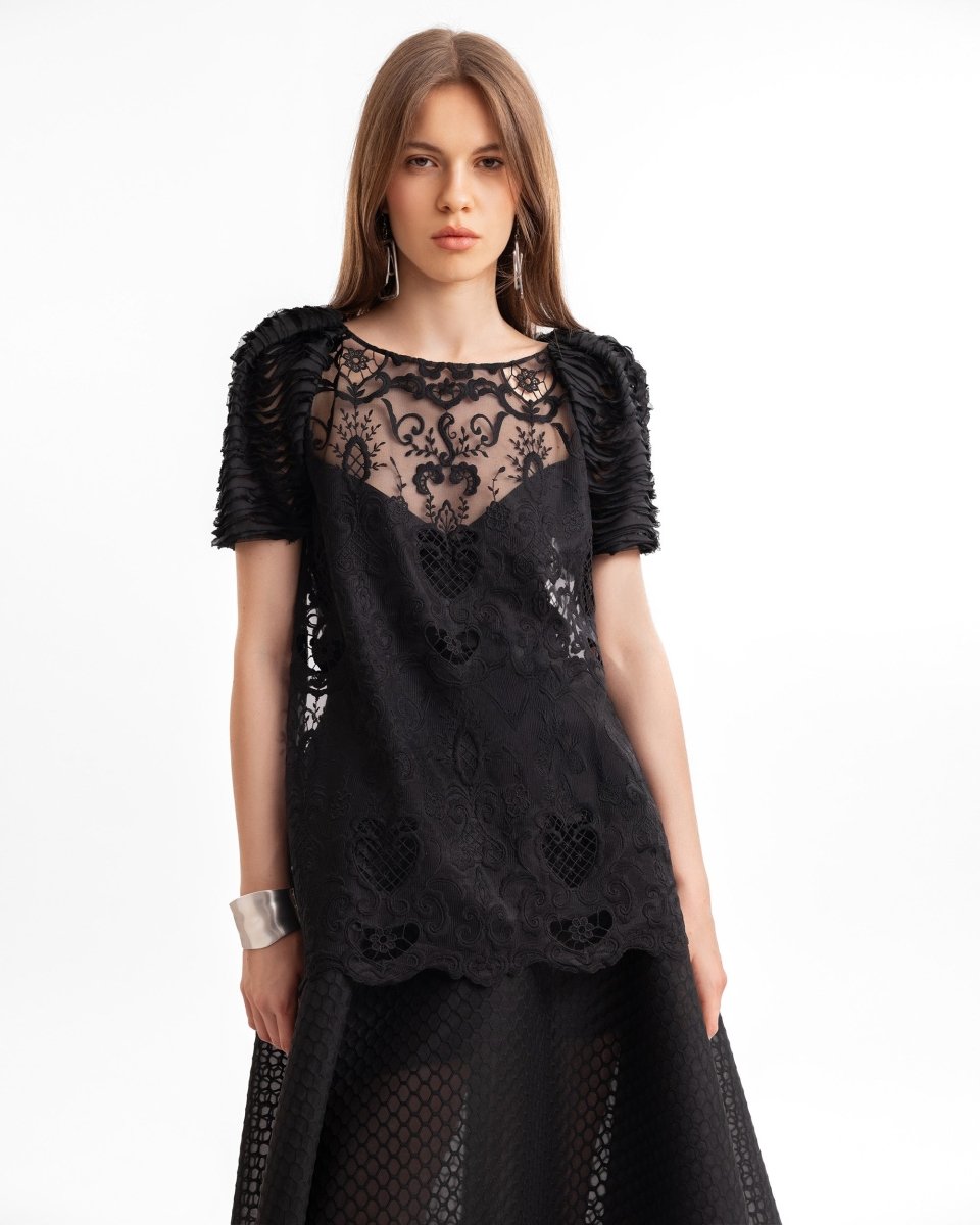 Embroidered Lace Top with Textured Flared Skirt