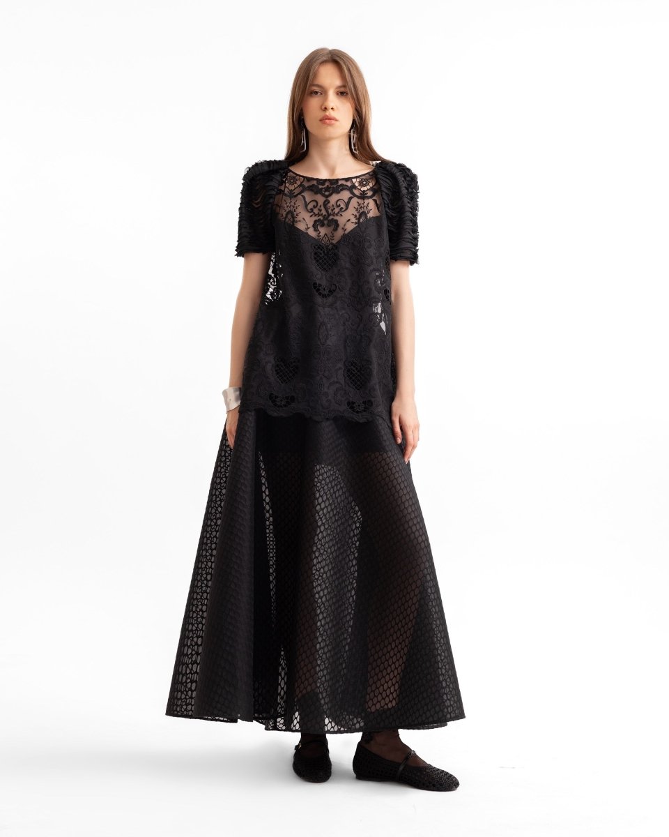 Embroidered Lace Top with Textured Flared Skirt