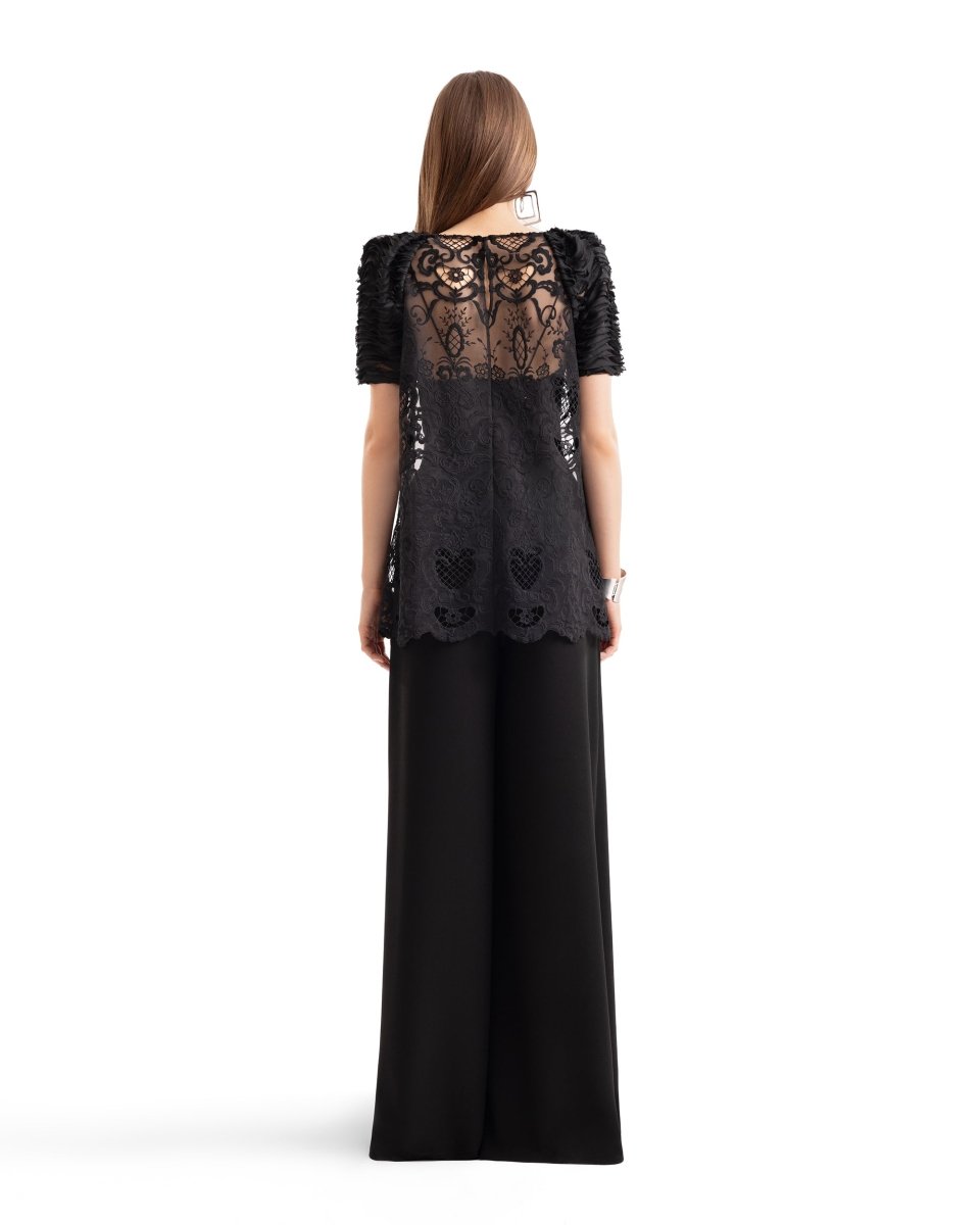 Embroidered Lace Top with Wide-Leg Pants