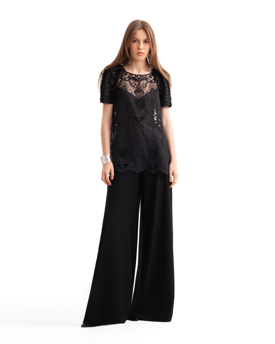Embroidered Lace Top with Wide-Leg Pants