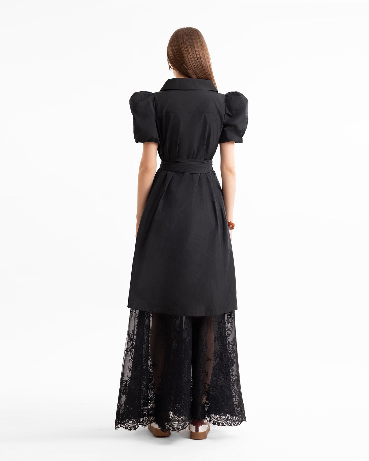 Puff-Sleeve Shirt Dress with Lace Skirt