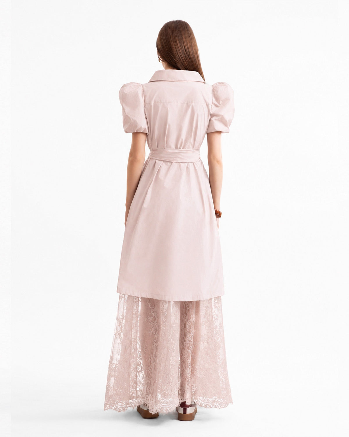 Puff-Sleeve Shirt Dress with Lace Skirt