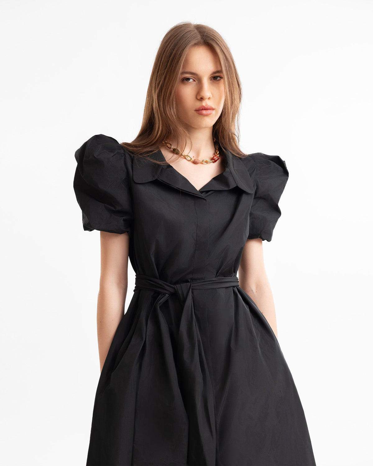 Puff-Sleeve Shirt Dress with Lace Skirt