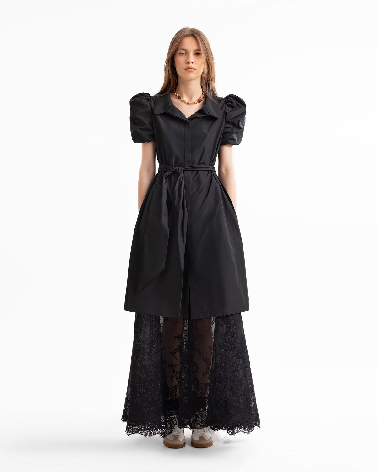 Puff-Sleeve Shirt Dress with Lace Skirt
