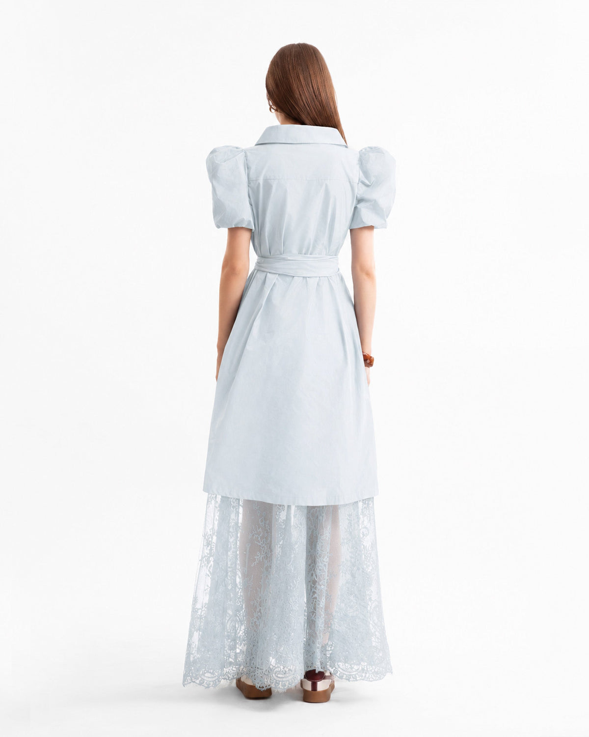 Puff-Sleeve Shirt Dress with Lace Skirt