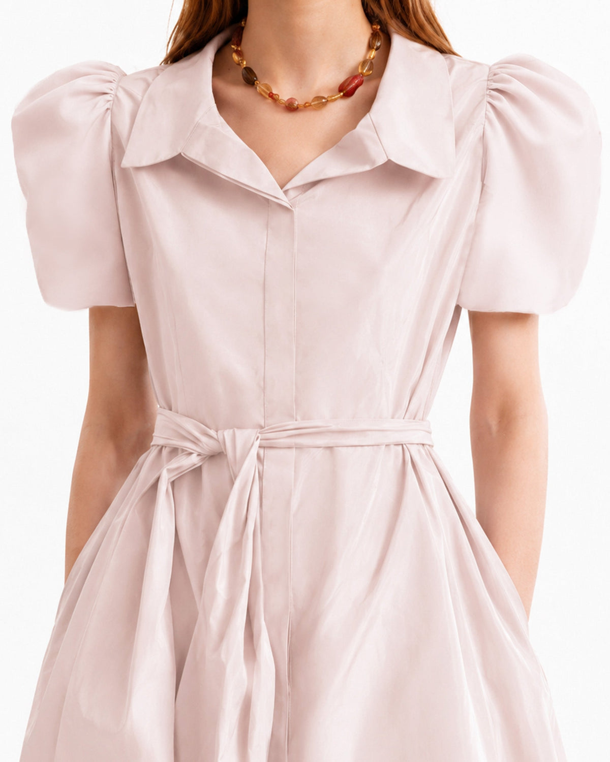 Puff-Sleeve Shirt Dress with Lace Skirt