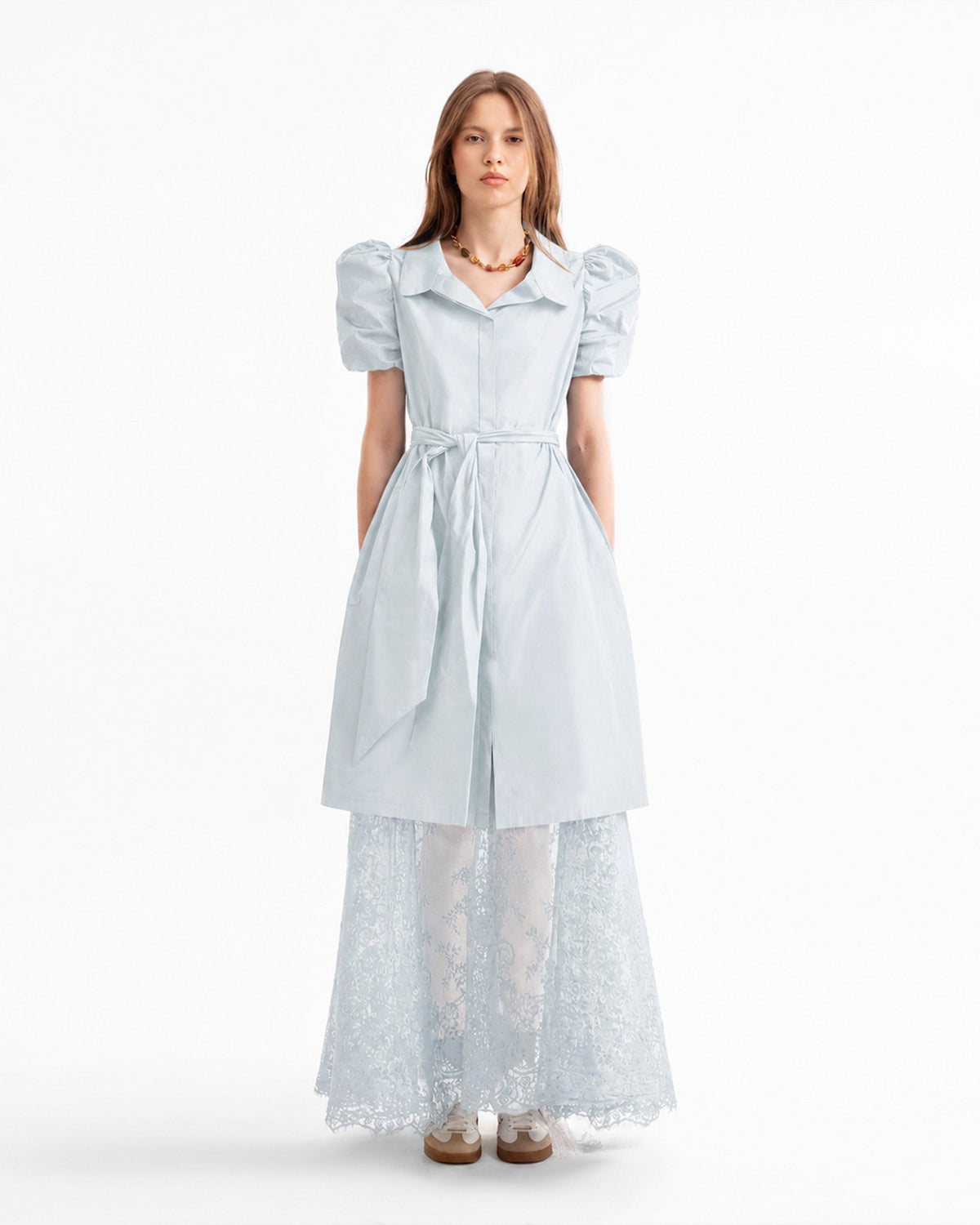 Puff-Sleeve Shirt Dress with Lace Skirt