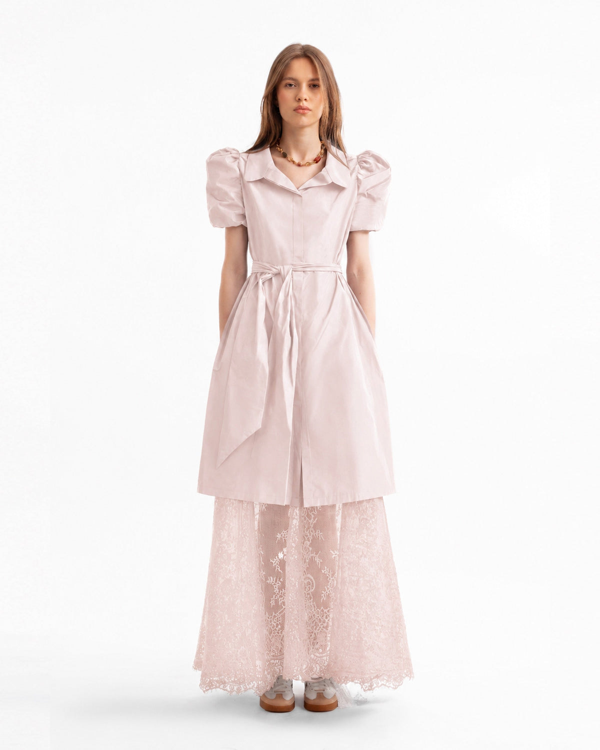 Puff-Sleeve Shirt Dress with Lace Skirt