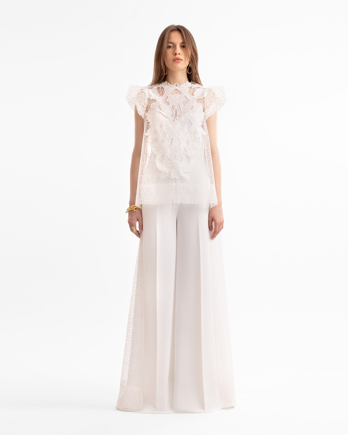 Embroidered Top with Train & Wide-Leg Pants