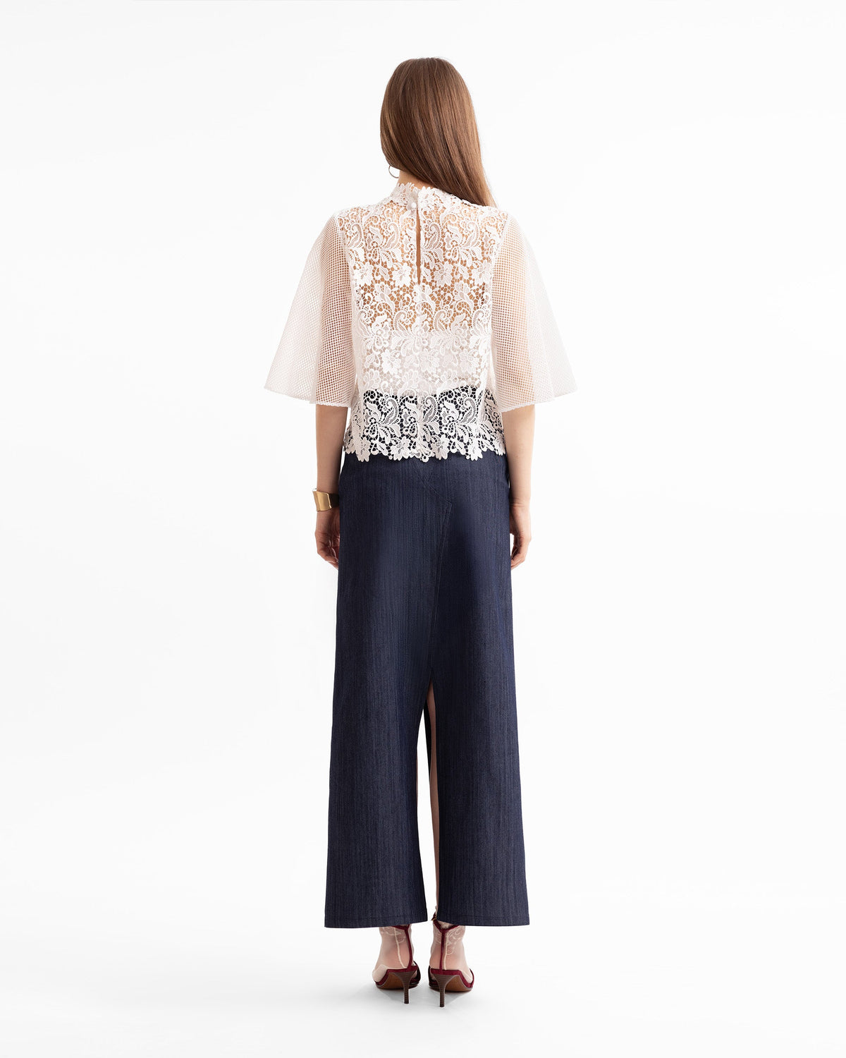 Guipure Top with Denim Midi Skirt