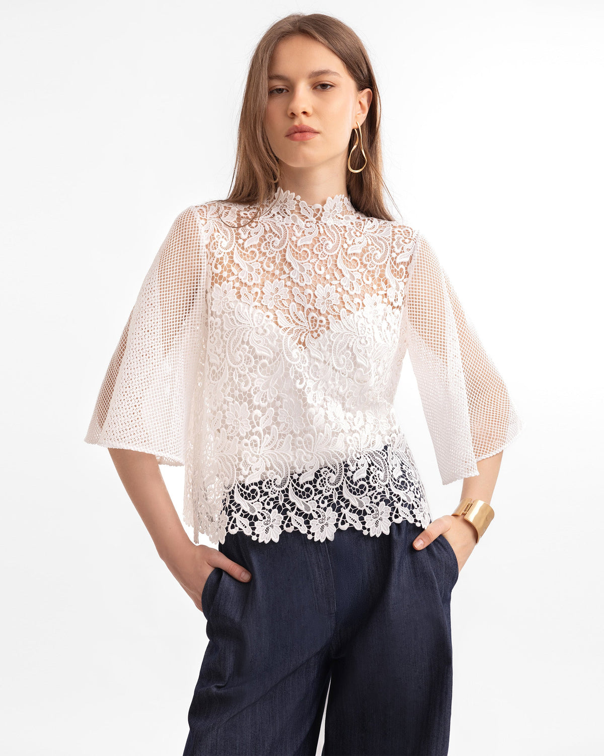 Guipure Top with Flared Sleeves & Denim Trousers