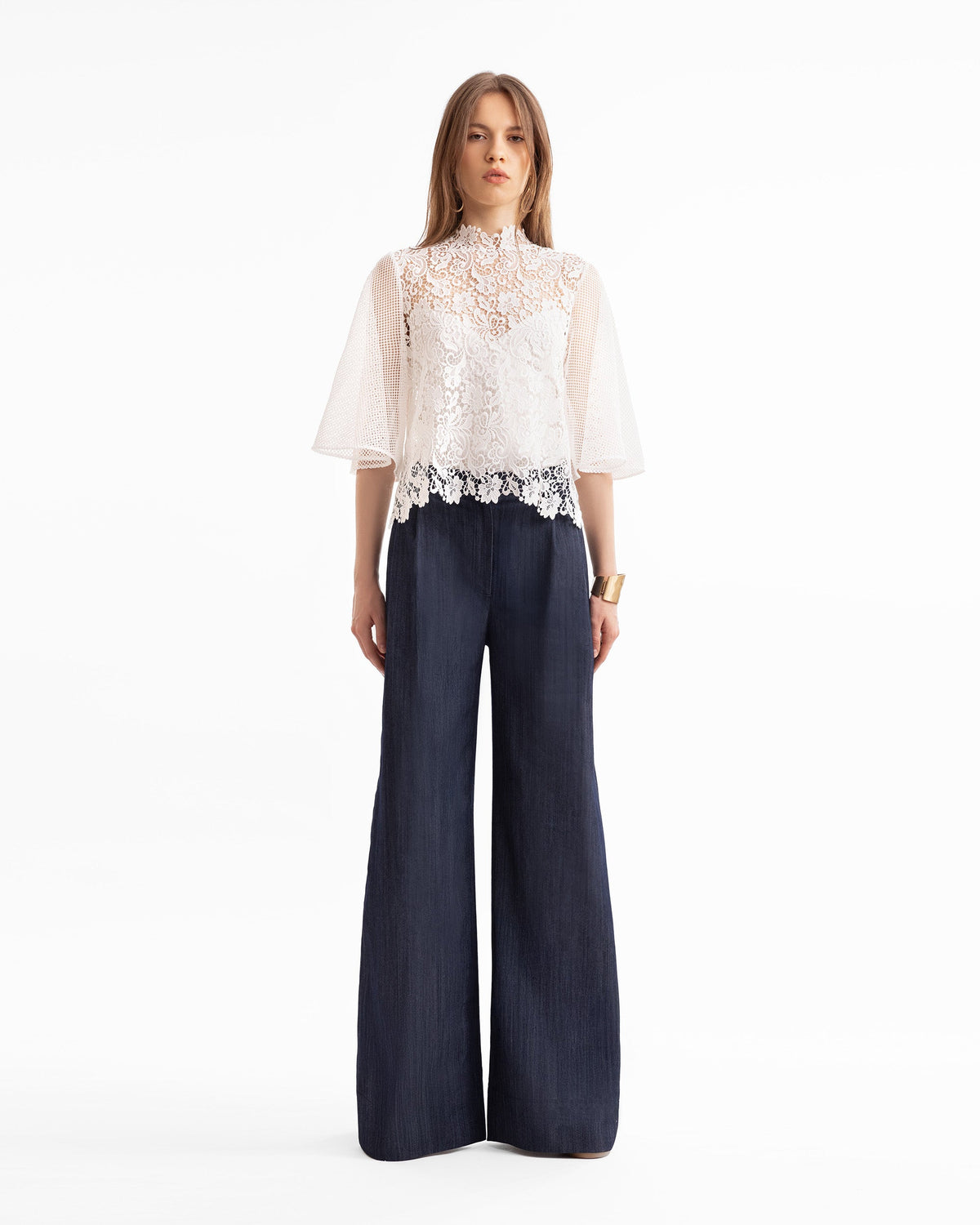 Guipure Top with Flared Sleeves & Denim Trousers