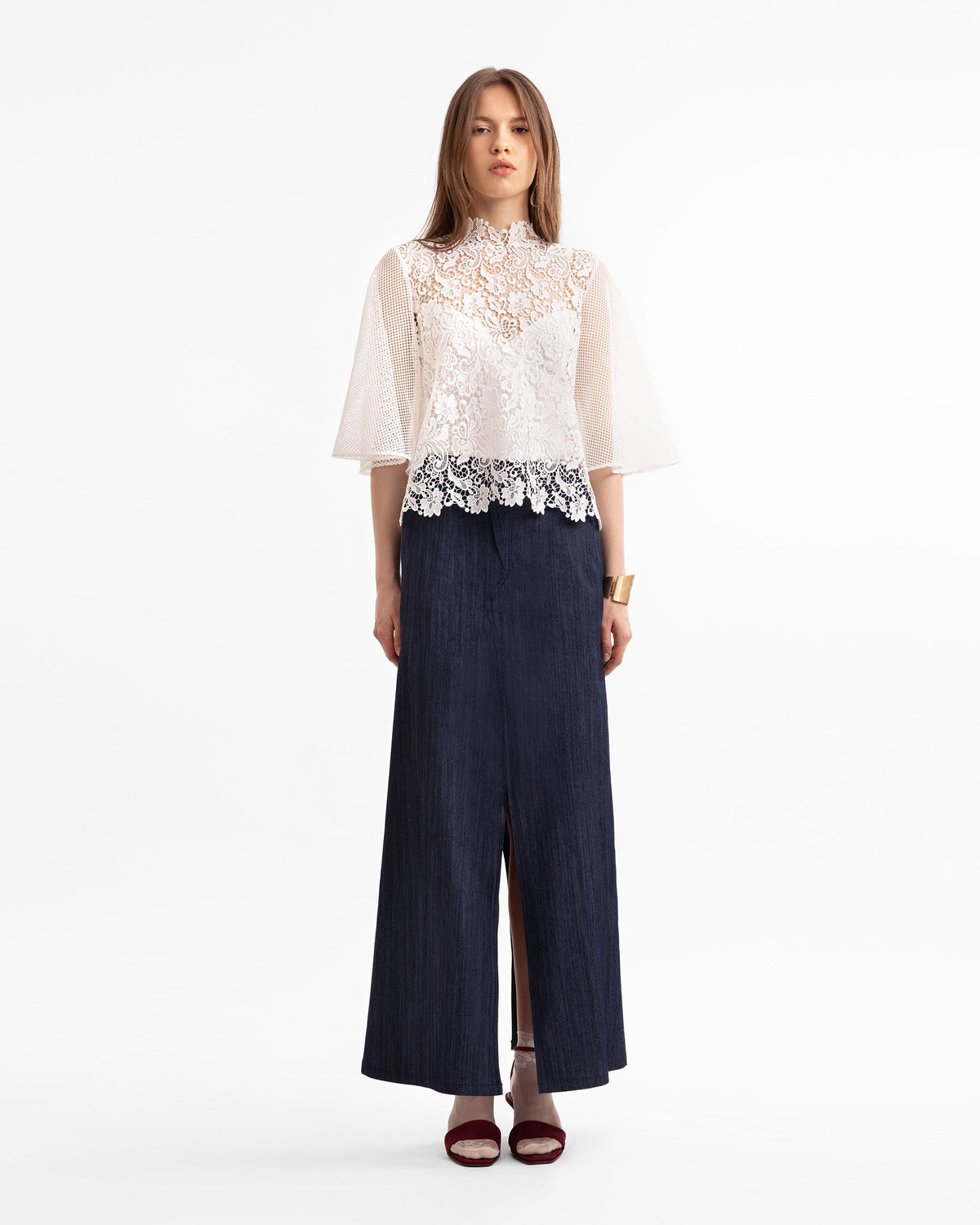 Guipure Top with Denim Midi Skirt