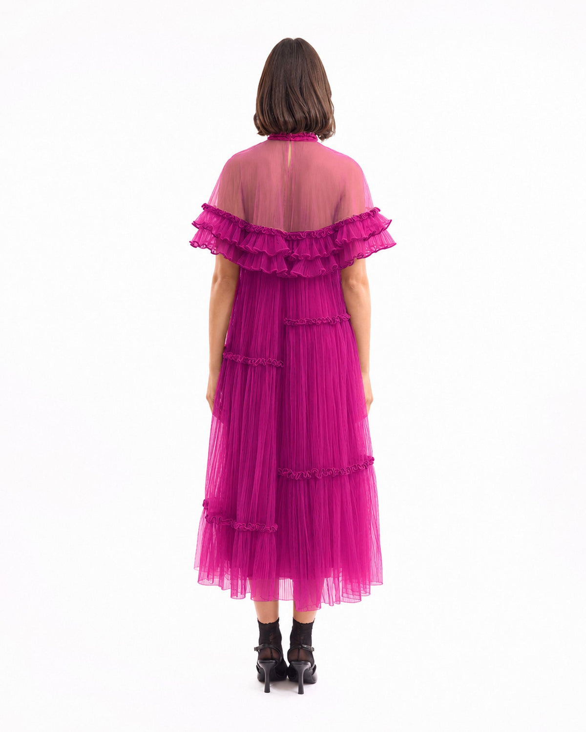 Pleated Midi Dress with Ruffle Cape