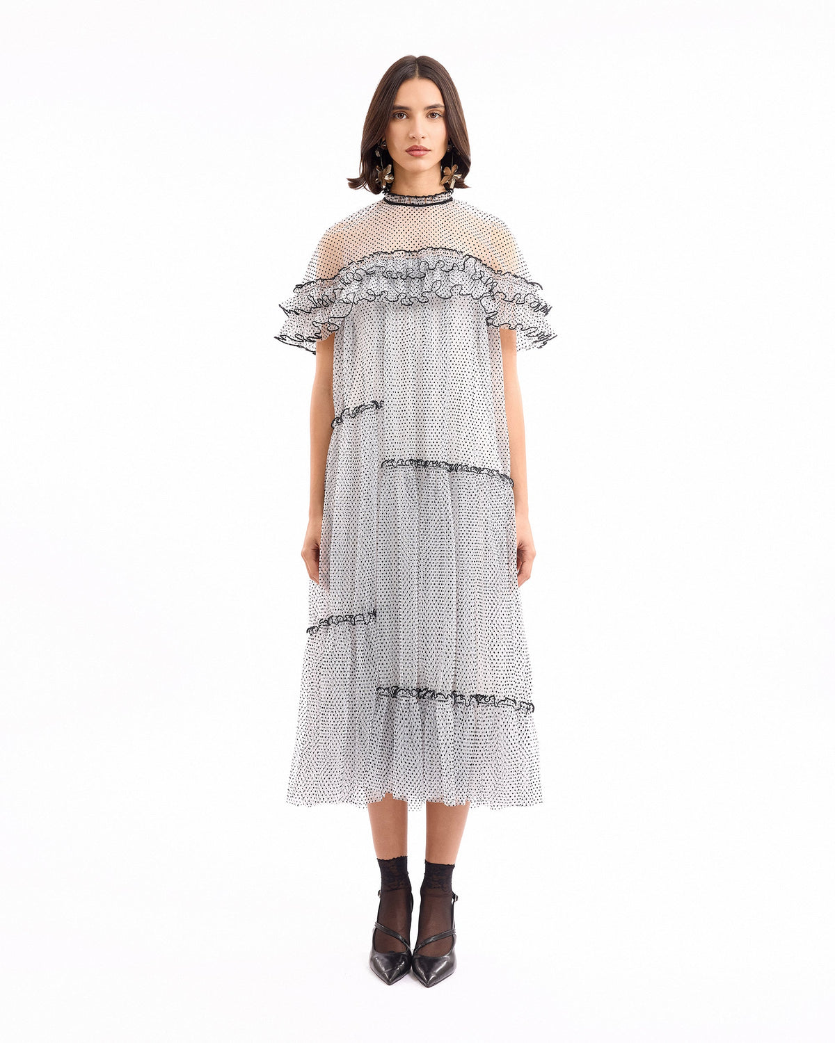 Dotted Midi Dress with Ruffle Cape