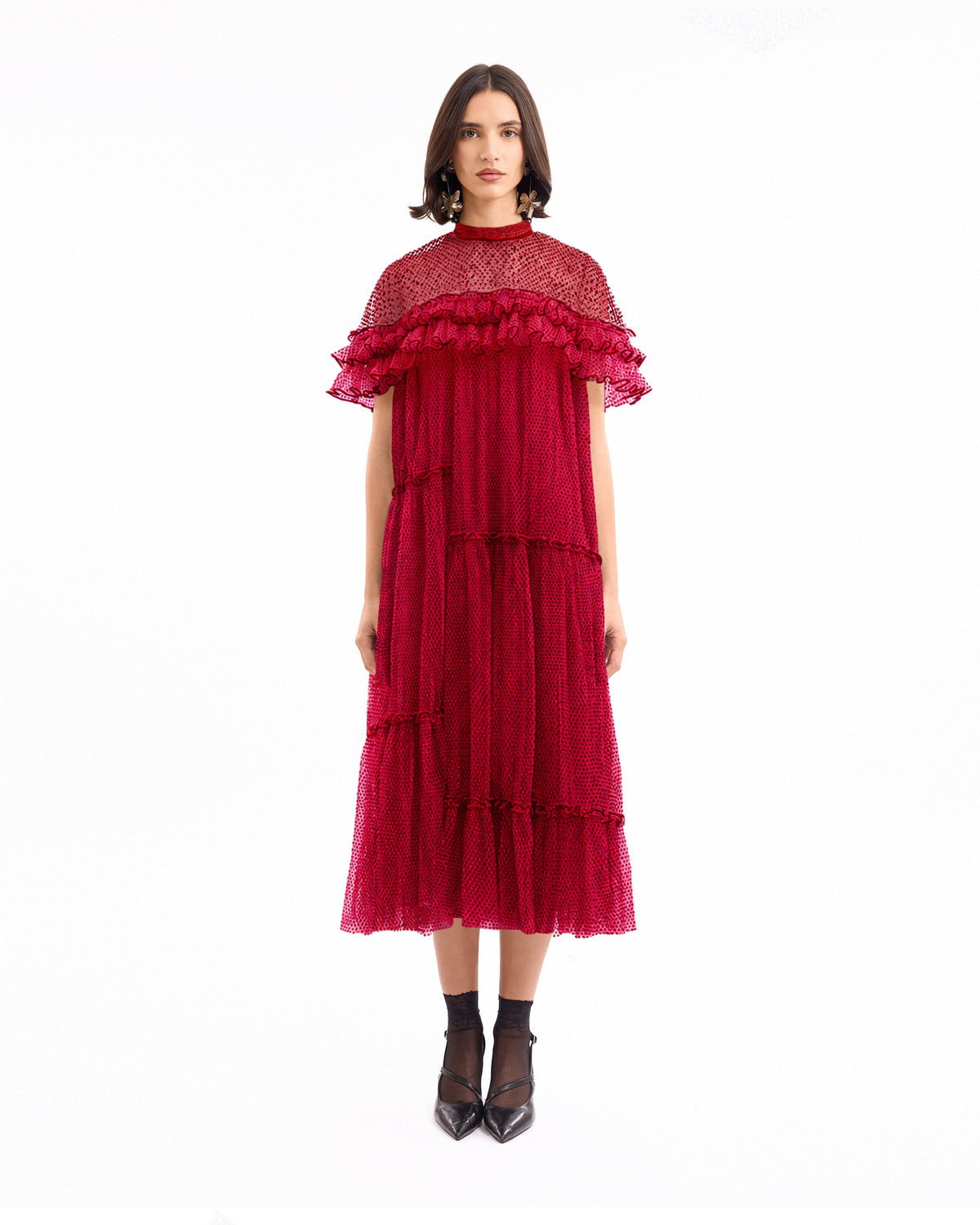 Pleated Midi Dress with Ruffle Cape