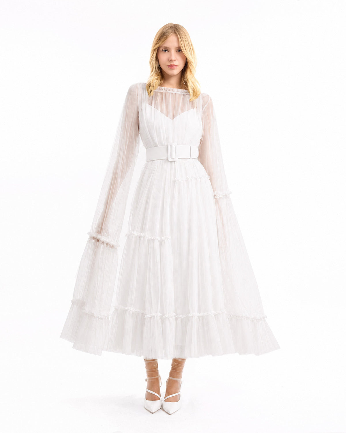 Pleated Tulle Midi Dress