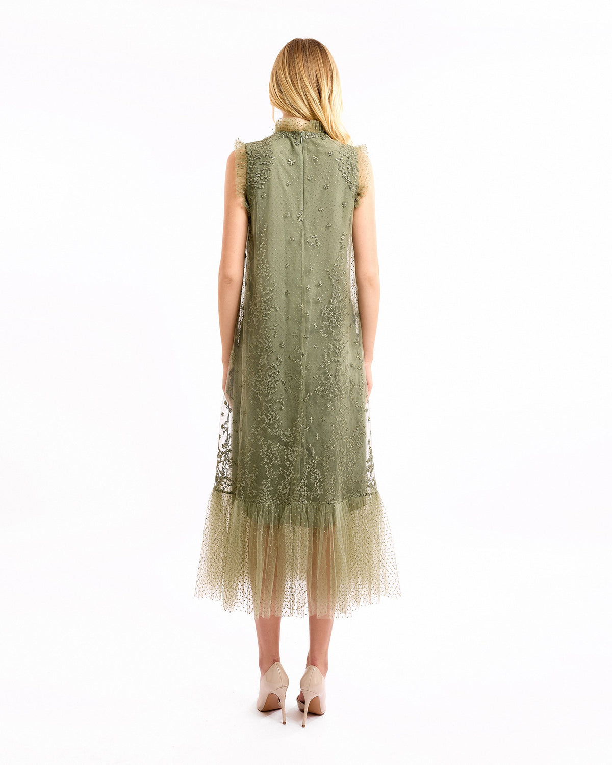 Embroidered Midi Dress with Dotted Tulle