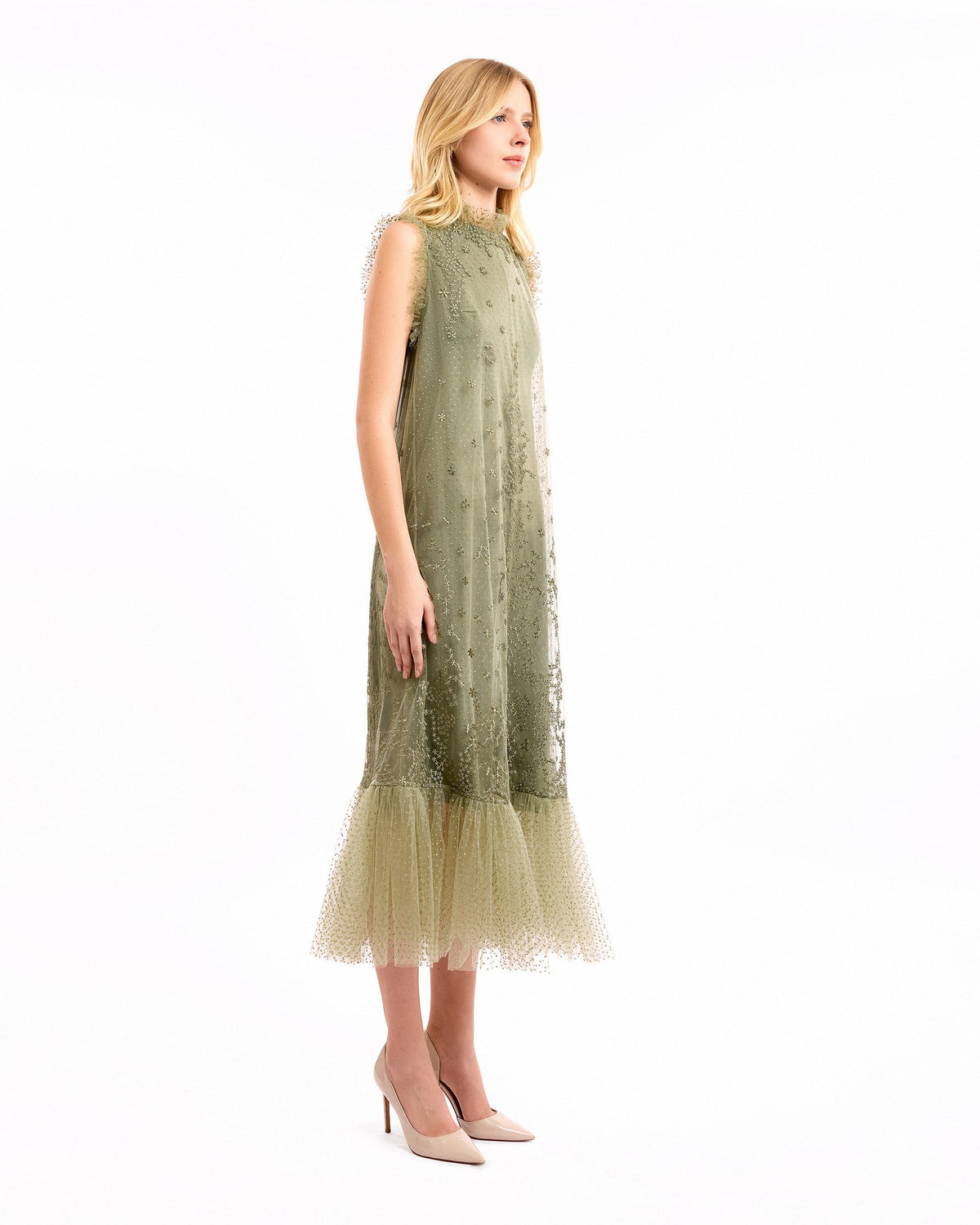 Embroidered Midi Dress with Dotted Tulle