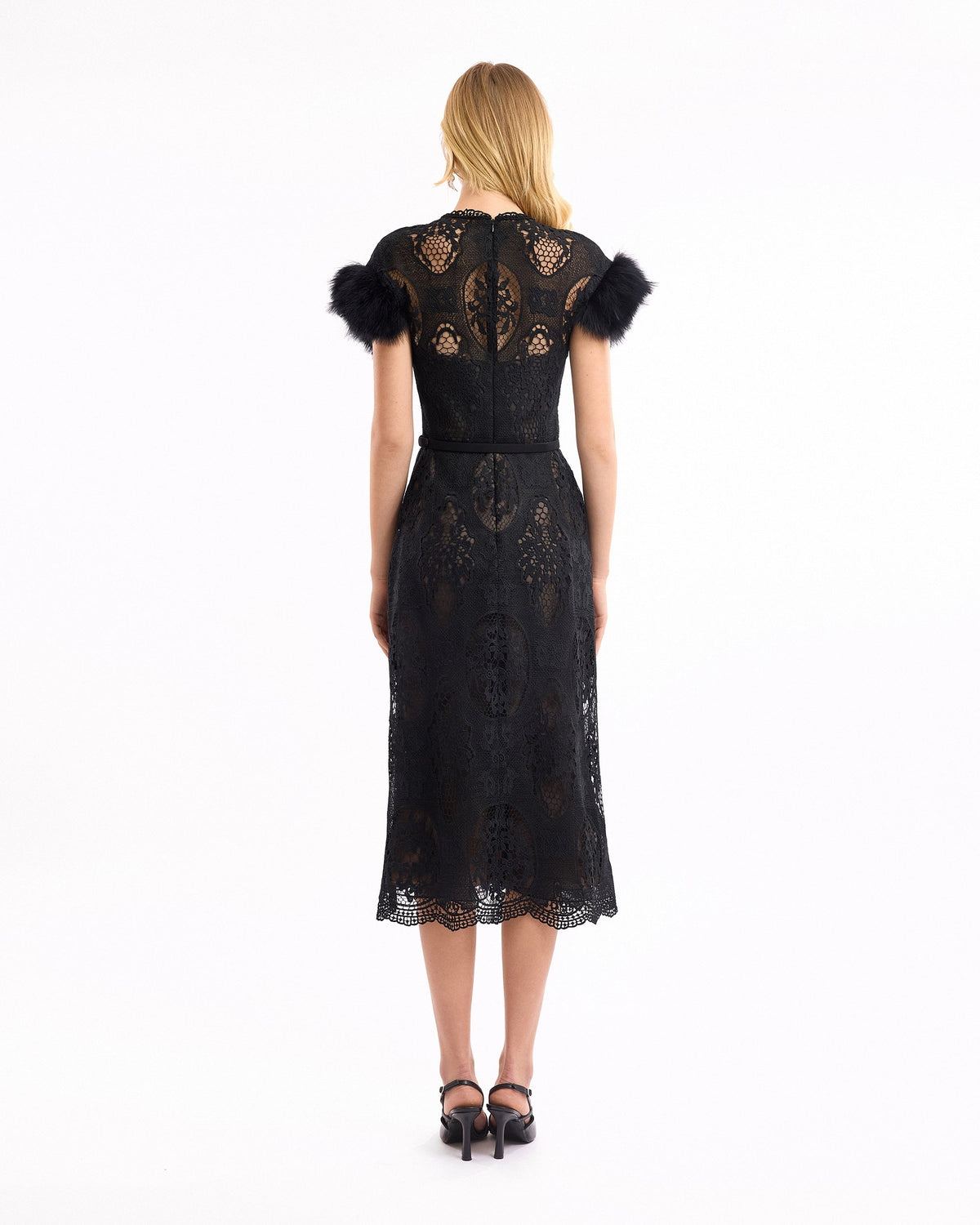 Lace Midi Dress with Feathers